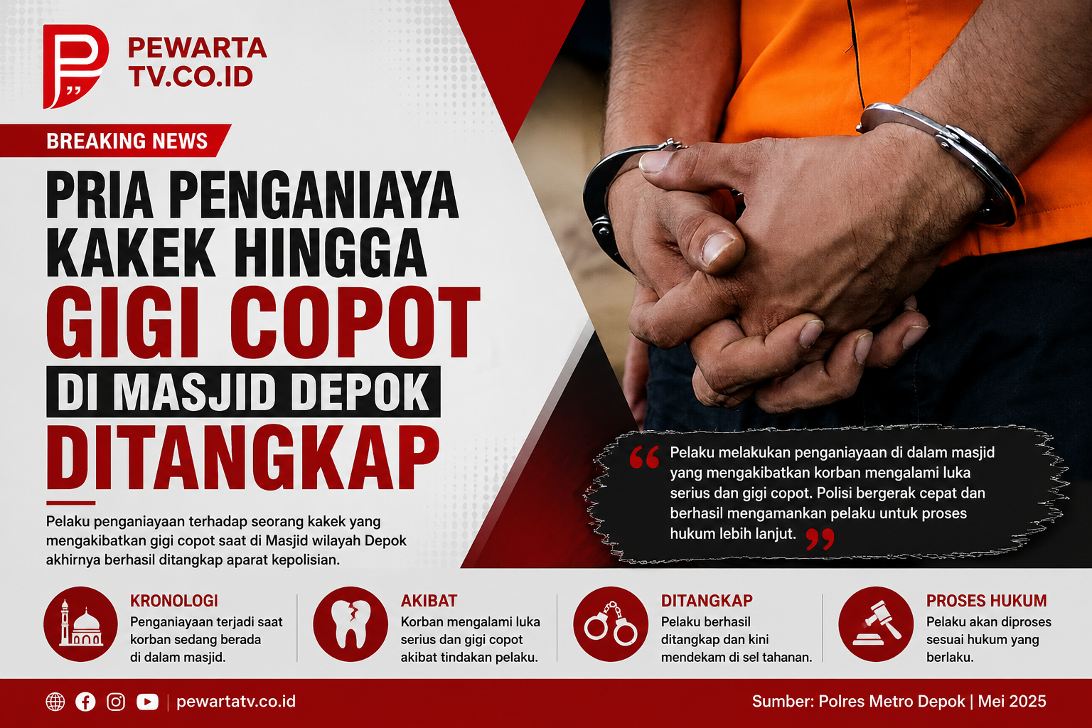 Pria Penganiaya Kakek hingga Gigi Copot di Masjid Depok Ditangkap