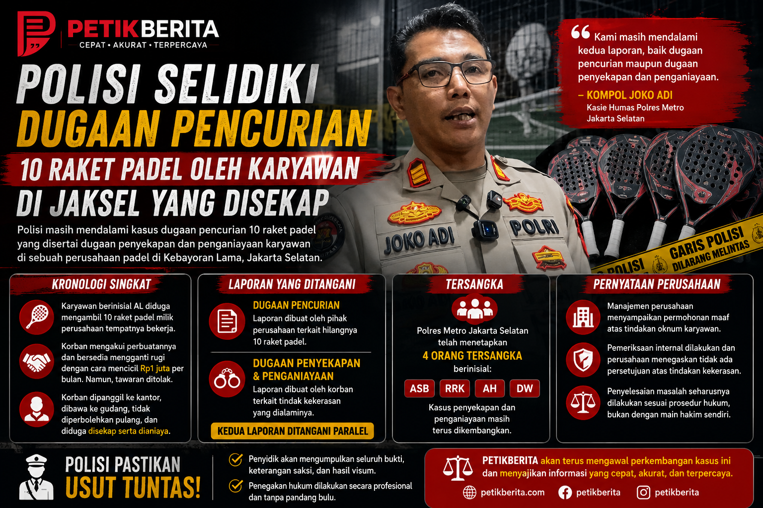 Polisi Dalami Dugaan Pencurian 10 Raket Padel, Kasus Penyekapan Karyawan di Jaksel Ikut Diselidiki