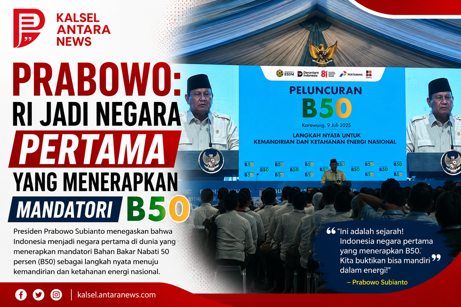 Prabowo: RI jadi negara pertama yang menerapkan mandatori B50