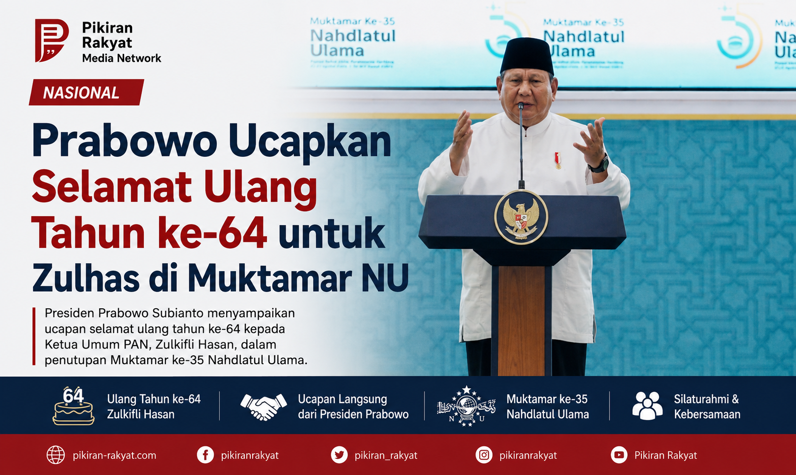 Prabowo Ucapkan Selamat Ulang Tahun ke-64 untuk Zulhas di Muktamar NU