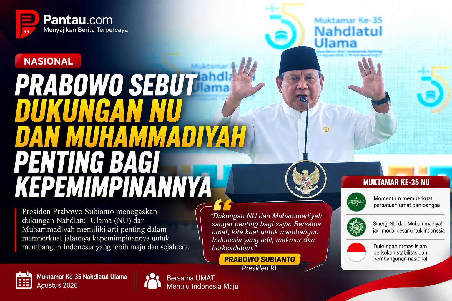 Prabowo Sebut Dukungan NU dan Muhammadiyah Penting bagi Kepemimpinannya