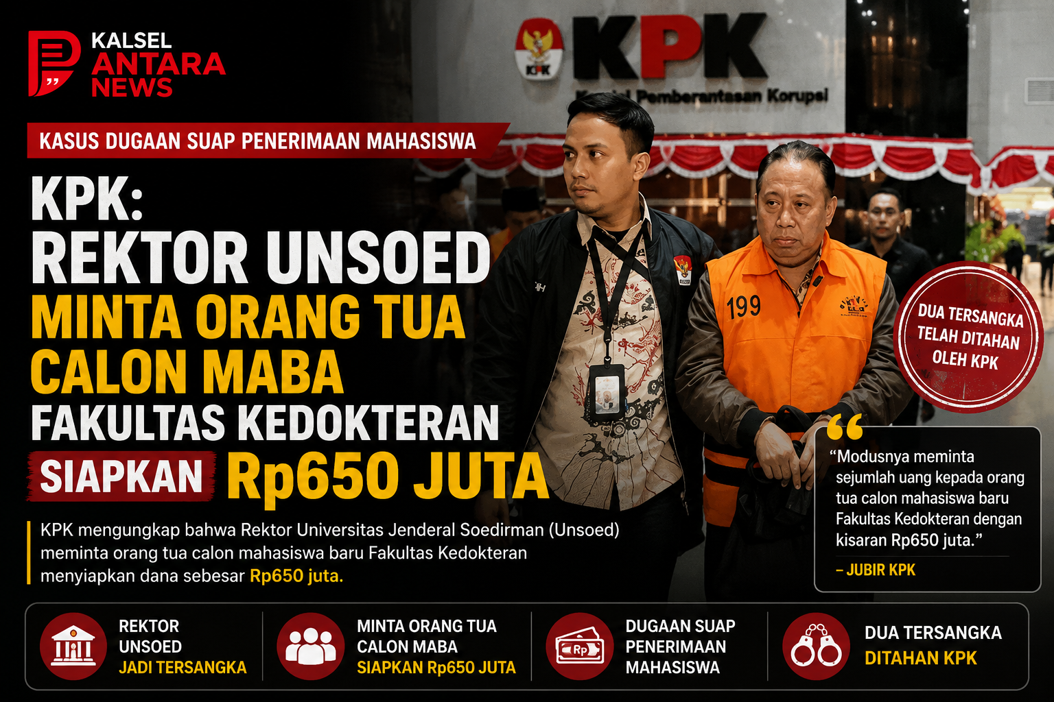 KPK: Rektor Unsoed Minta Orang Tua Calon Maba Fakultas Kedokteran Siapkan Rp650 Juta